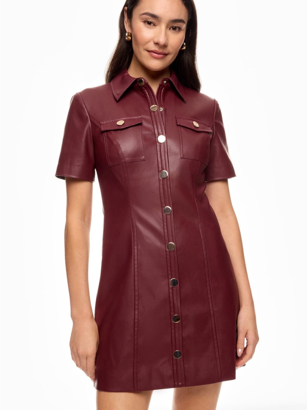 Short-Sleeve Faux Leather Shirt Dress Jacket in Deep Burgundy